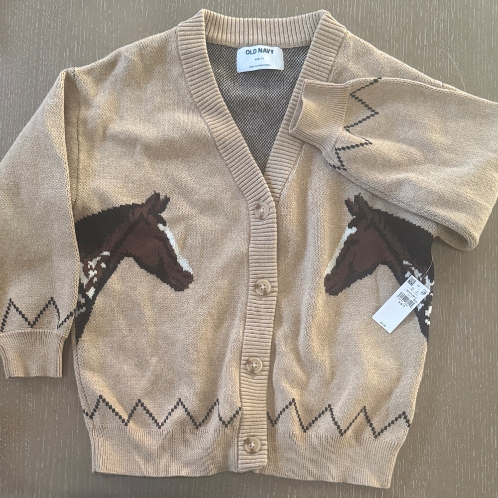 Old Navy Beige Horse Intarsia Kids Cardigan